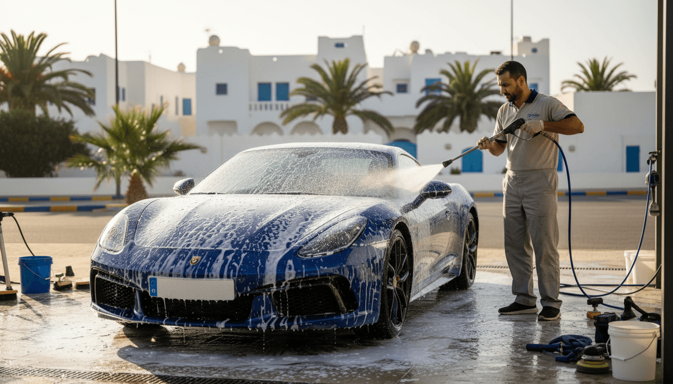 متخصص تفاصيل السيارات المتنقلة يعمل على غسل الخارج بالرغوة النشطة